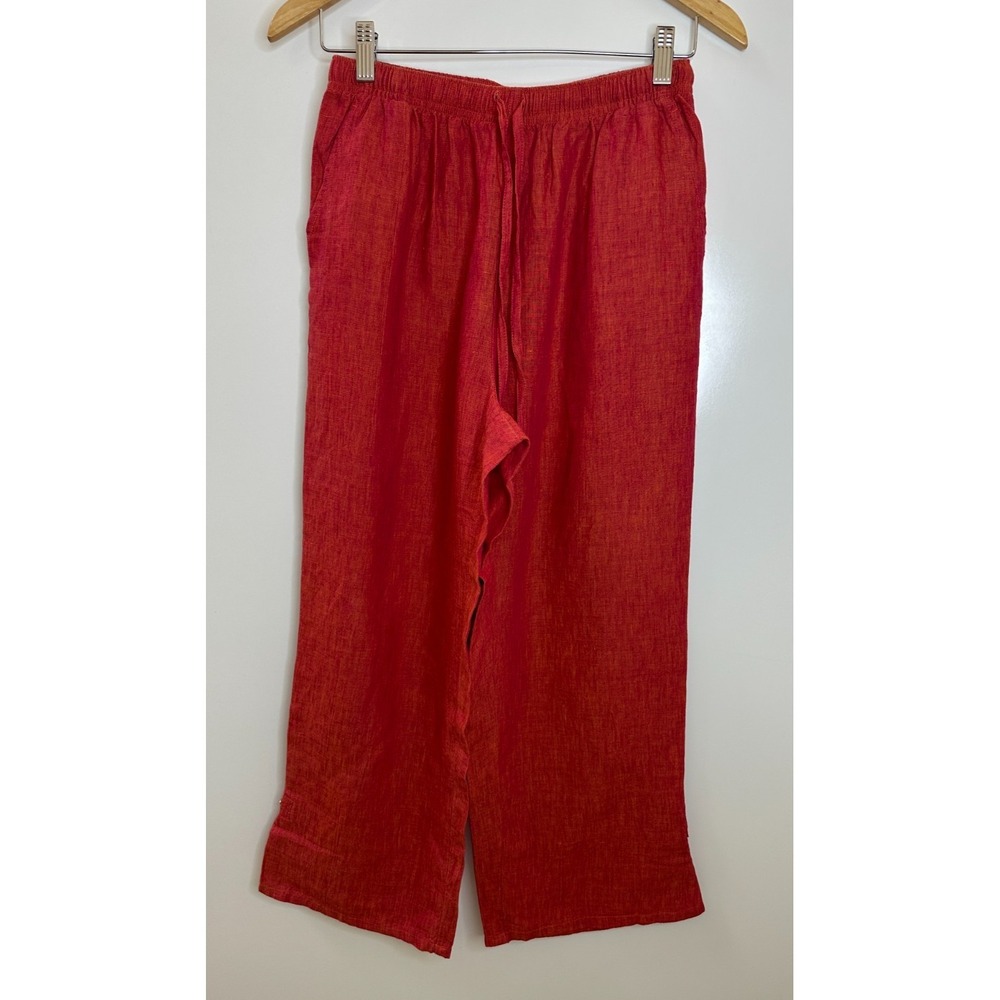 Orvis 100% Linen Elastic Waist Drawstring Crop Pants Button Slit Back Red Small - Picture 13 of 15